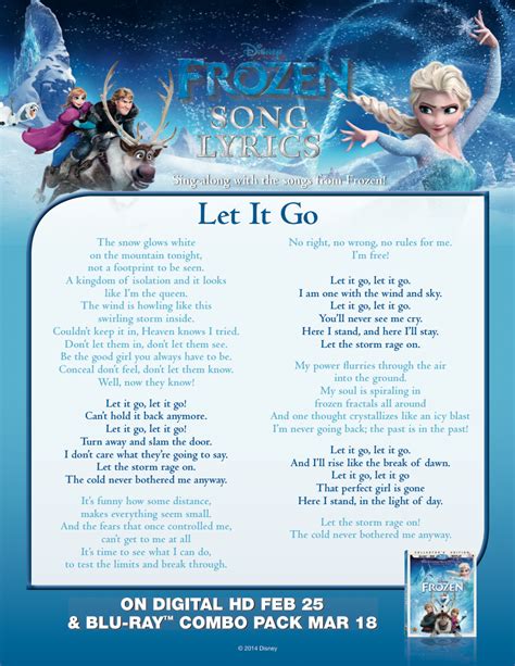 The lyrics of the song "Let It Go" from the animated movie "Frozen" by Idina Menzel. The song is about a girl who defies her parents and follows her own path in life. The lyrics …
